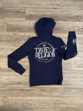 VINTAGE TRUE RELIGION Logo Core ZIP UP ACE BLUE Fleece Hoodie Jacket Size Xsmall